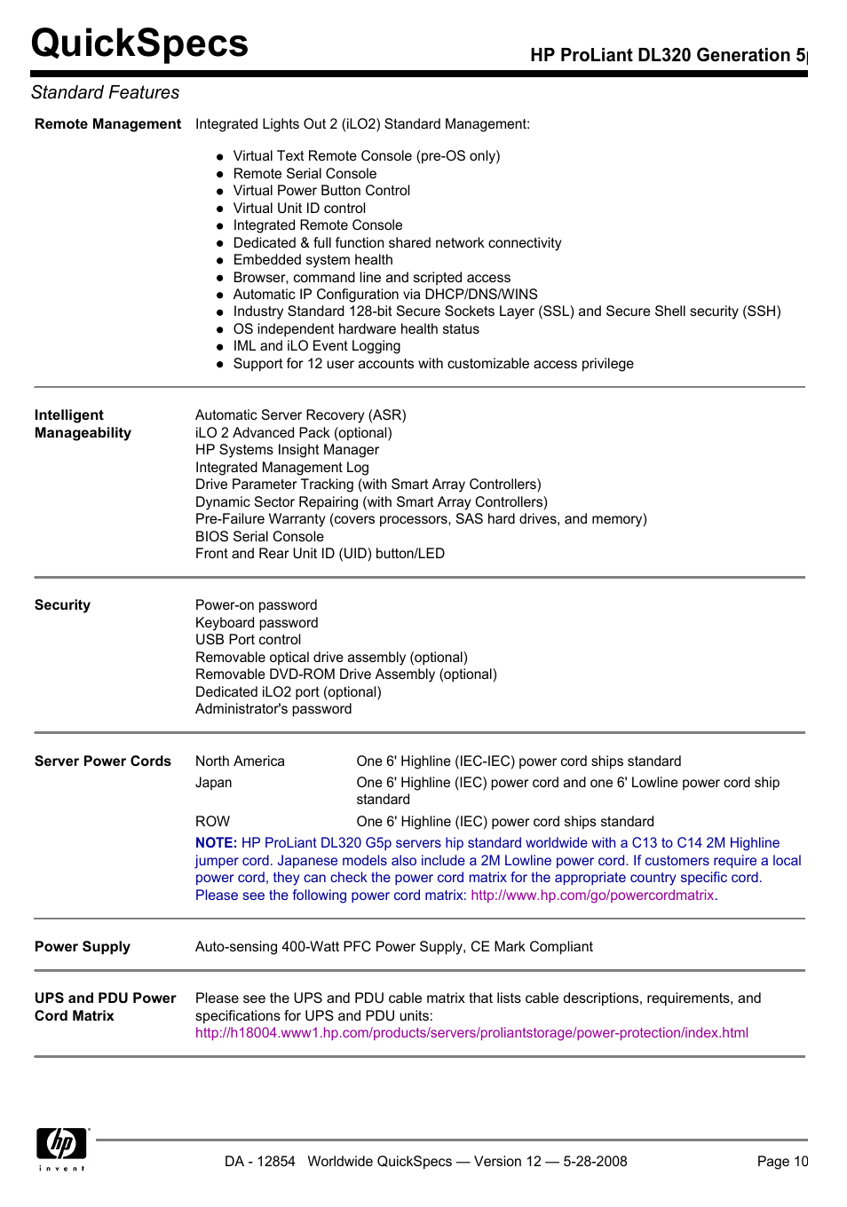 Quickspecs, Hp proliant dl320 generation 5p standard features | HP ProLiant PC2-6400 User Manual | Page 10 / 38