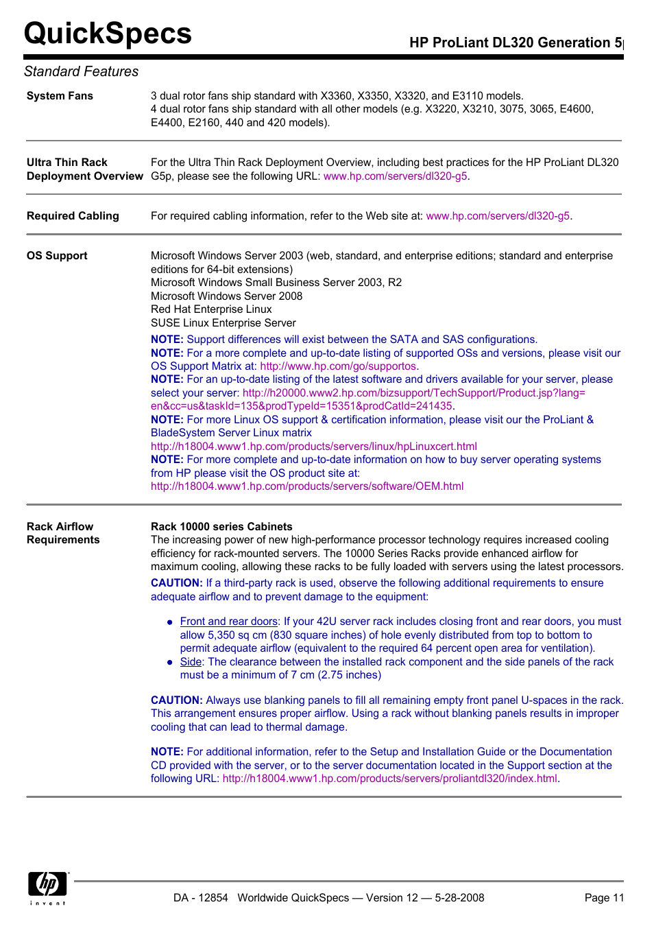 Quickspecs, Hp proliant dl320 generation 5p standard features | HP ProLiant PC2-6400 User Manual | Page 11 / 38