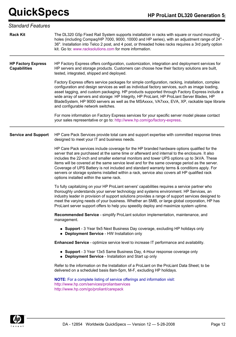 Quickspecs, Hp proliant dl320 generation 5p standard features | HP ProLiant PC2-6400 User Manual | Page 12 / 38