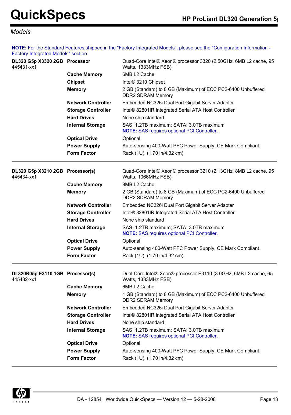 Models, Quickspecs, Hp proliant dl320 generation 5p models | HP ProLiant PC2-6400 User Manual | Page 13 / 38