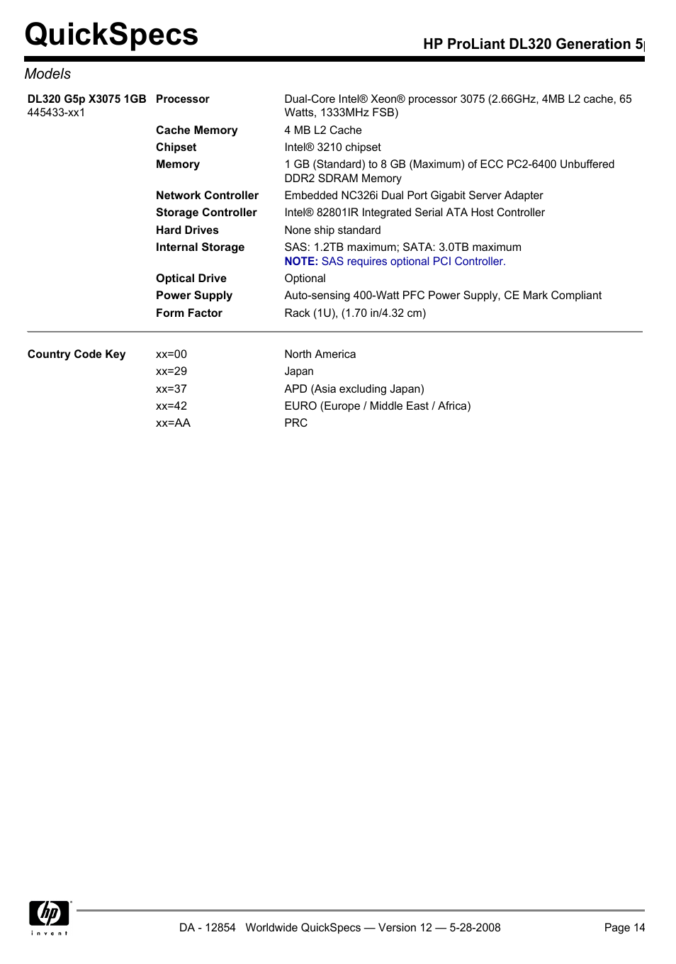 Quickspecs, Hp proliant dl320 generation 5p models | HP ProLiant PC2-6400 User Manual | Page 14 / 38