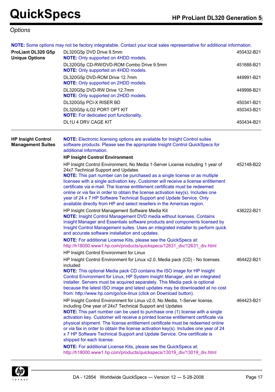 Options, Quickspecs, Hp proliant dl320 generation 5p options | HP ProLiant PC2-6400 User Manual | Page 17 / 38