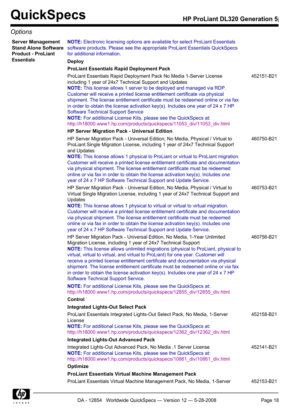 Quickspecs, Hp proliant dl320 generation 5p options | HP ProLiant PC2-6400 User Manual | Page 18 / 38