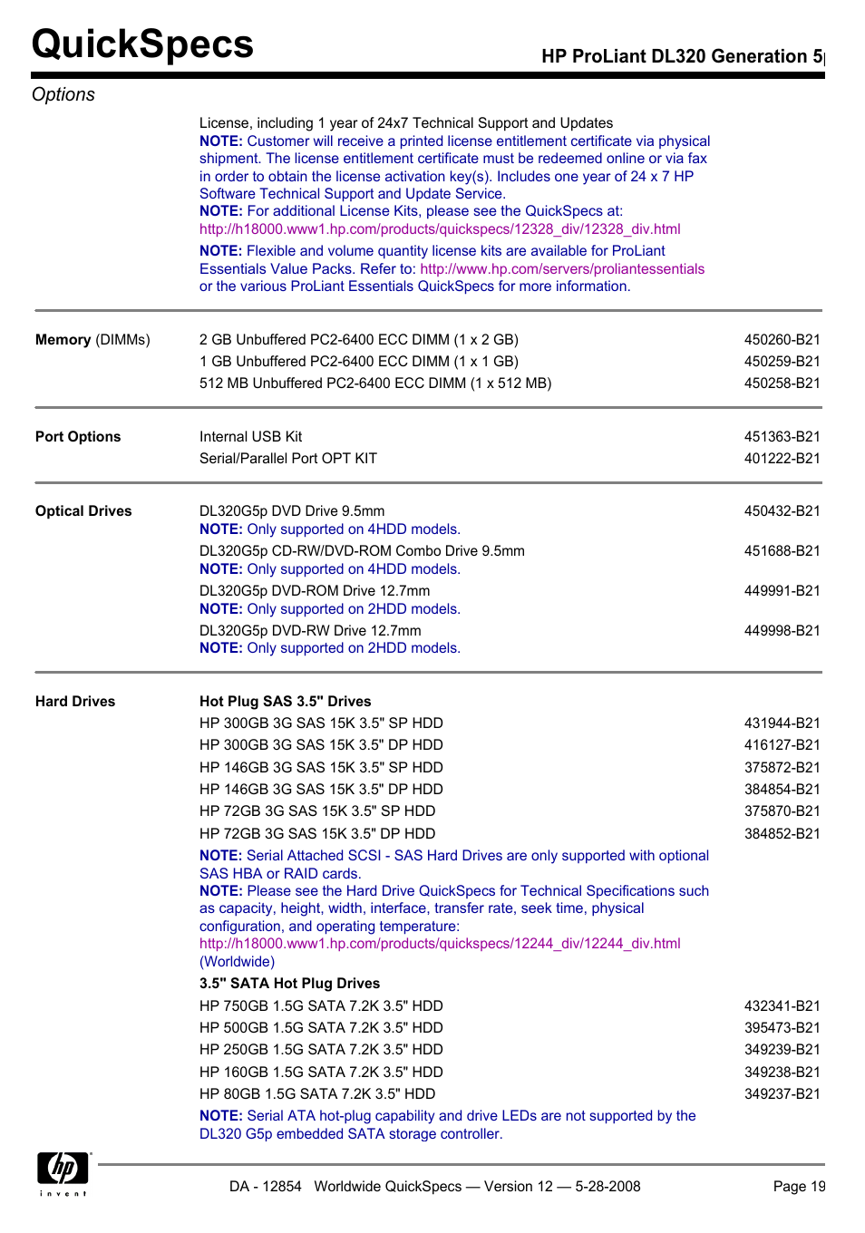 Quickspecs, Hp proliant dl320 generation 5p options | HP ProLiant PC2-6400 User Manual | Page 19 / 38
