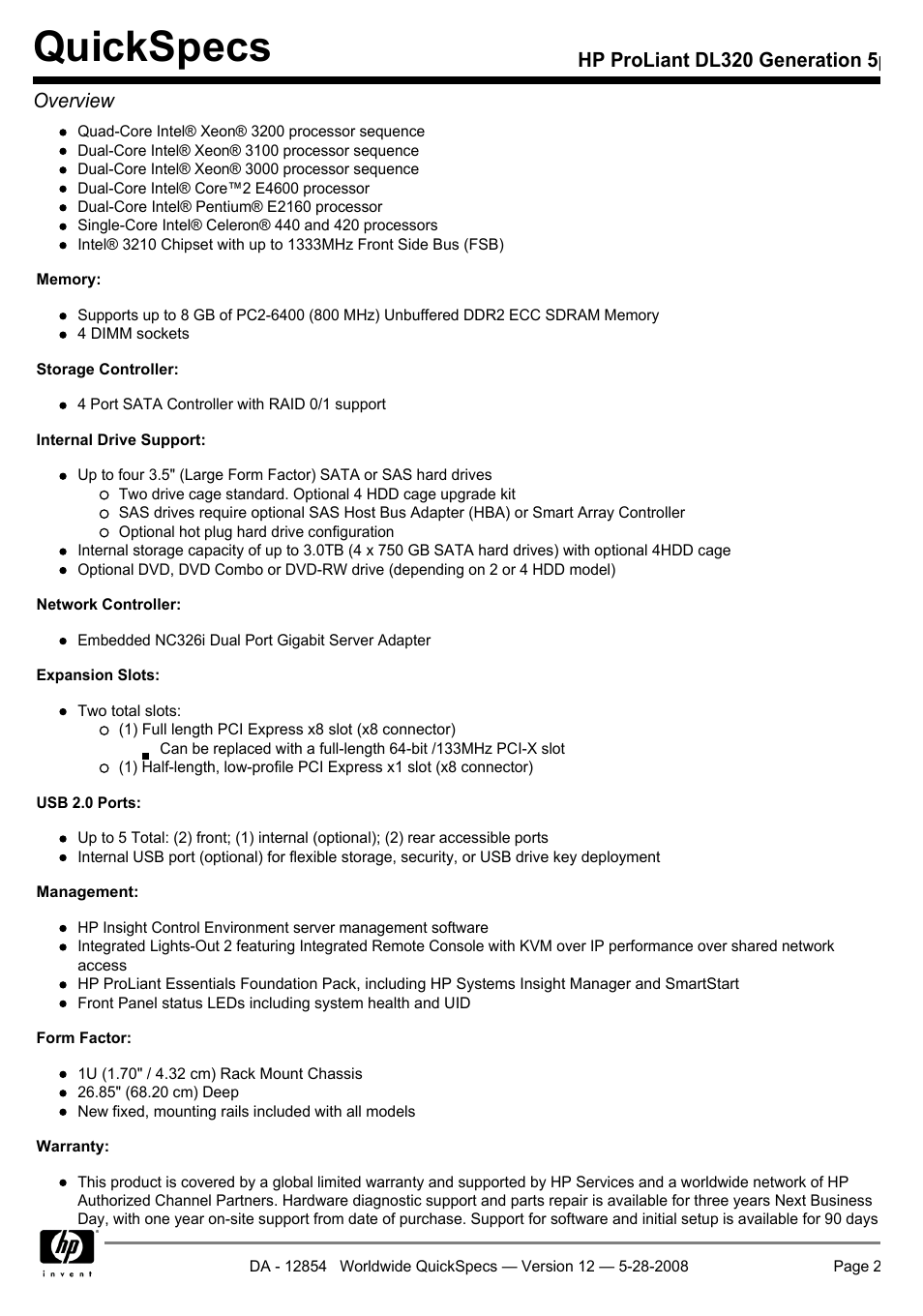 Quickspecs, Hp proliant dl320 generation 5p overview | HP ProLiant PC2-6400 User Manual | Page 2 / 38