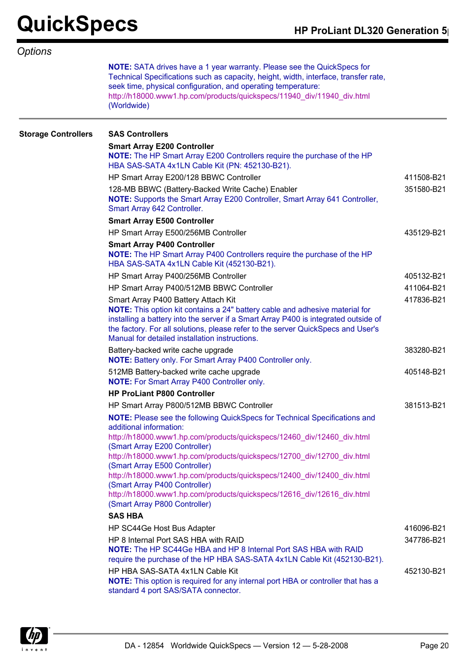 Quickspecs, Hp proliant dl320 generation 5p options | HP ProLiant PC2-6400 User Manual | Page 20 / 38