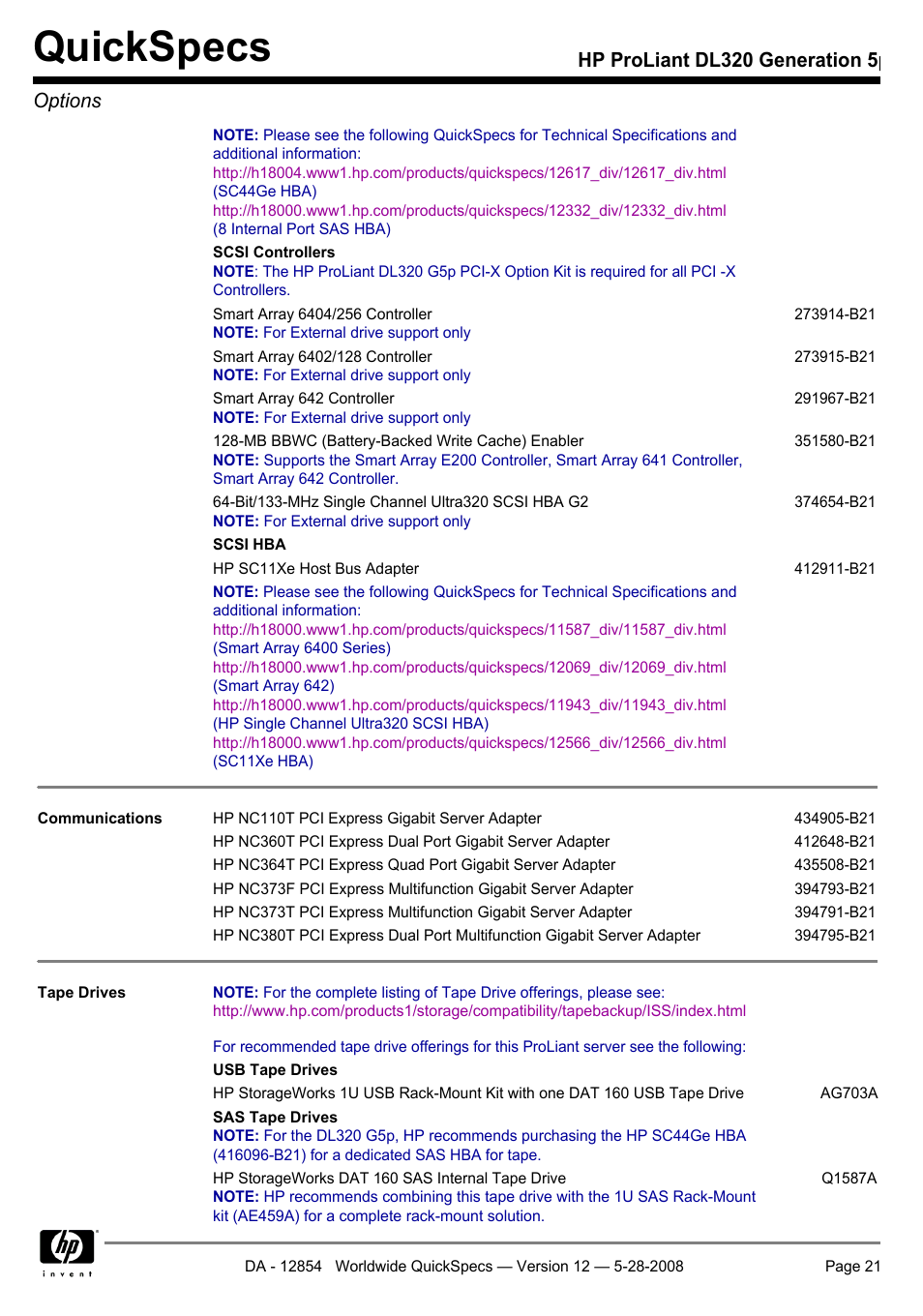 Quickspecs, Hp proliant dl320 generation 5p options | HP ProLiant PC2-6400 User Manual | Page 21 / 38