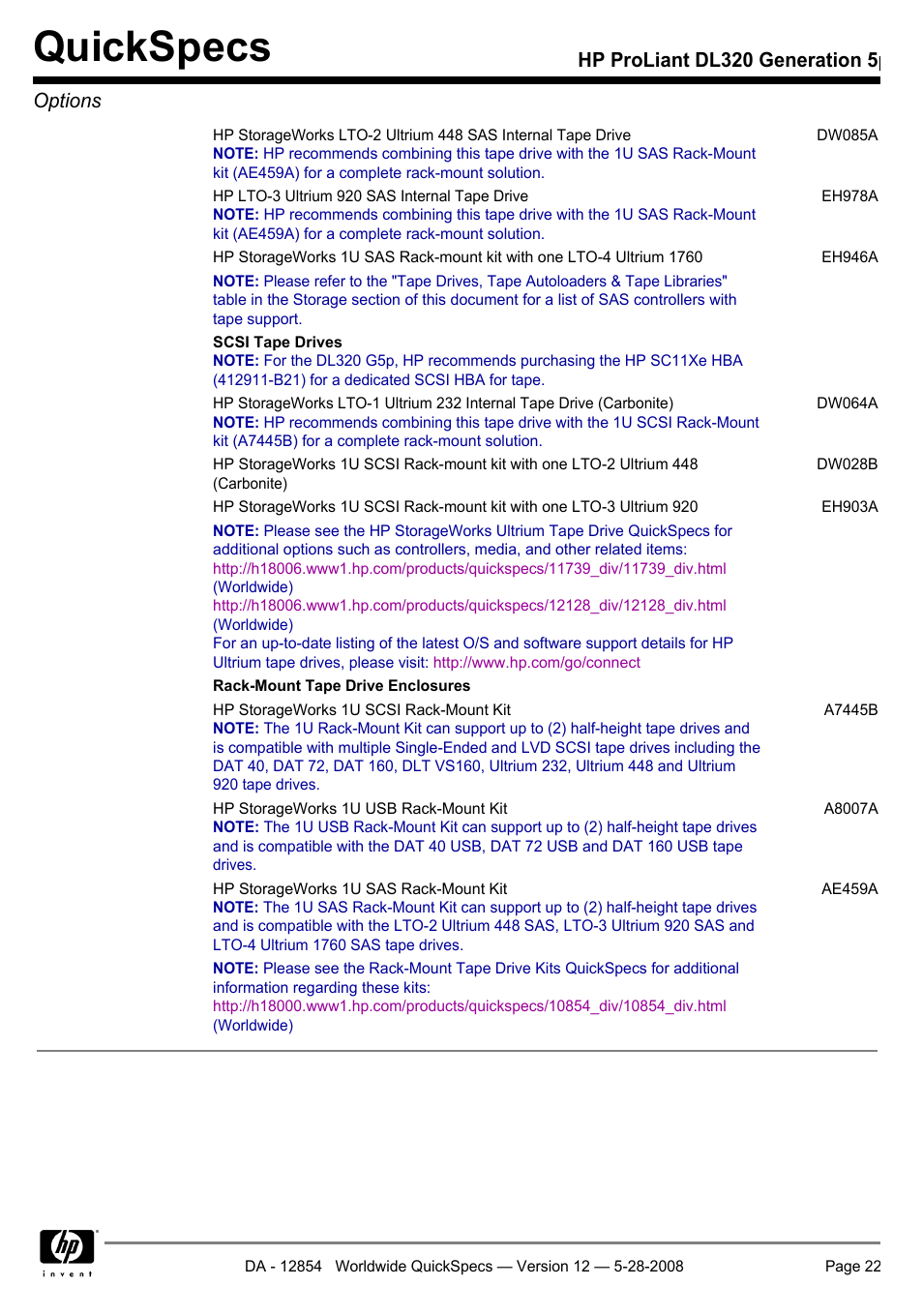 Quickspecs, Hp proliant dl320 generation 5p options | HP ProLiant PC2-6400 User Manual | Page 22 / 38