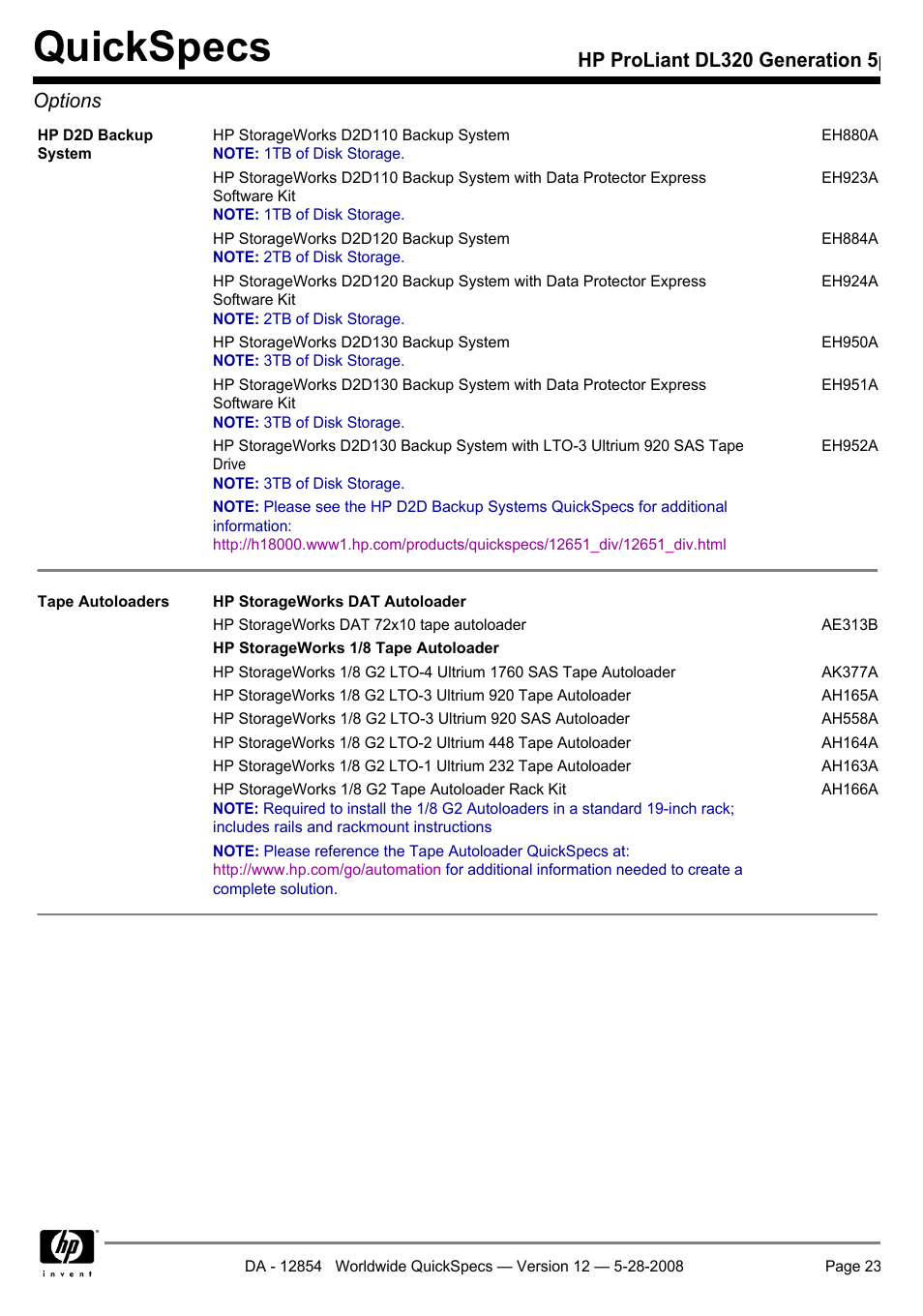 Quickspecs, Hp proliant dl320 generation 5p options | HP ProLiant PC2-6400 User Manual | Page 23 / 38