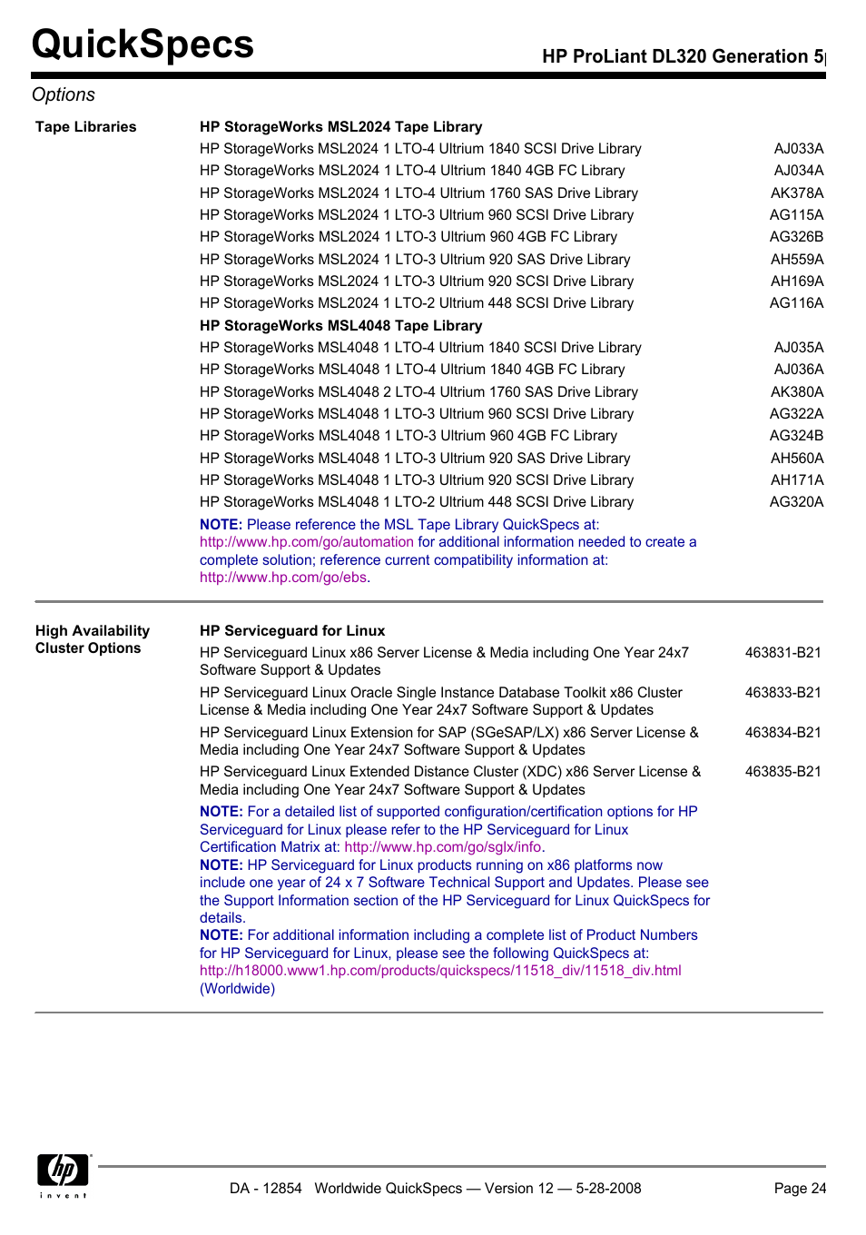 Quickspecs, Hp proliant dl320 generation 5p options | HP ProLiant PC2-6400 User Manual | Page 24 / 38