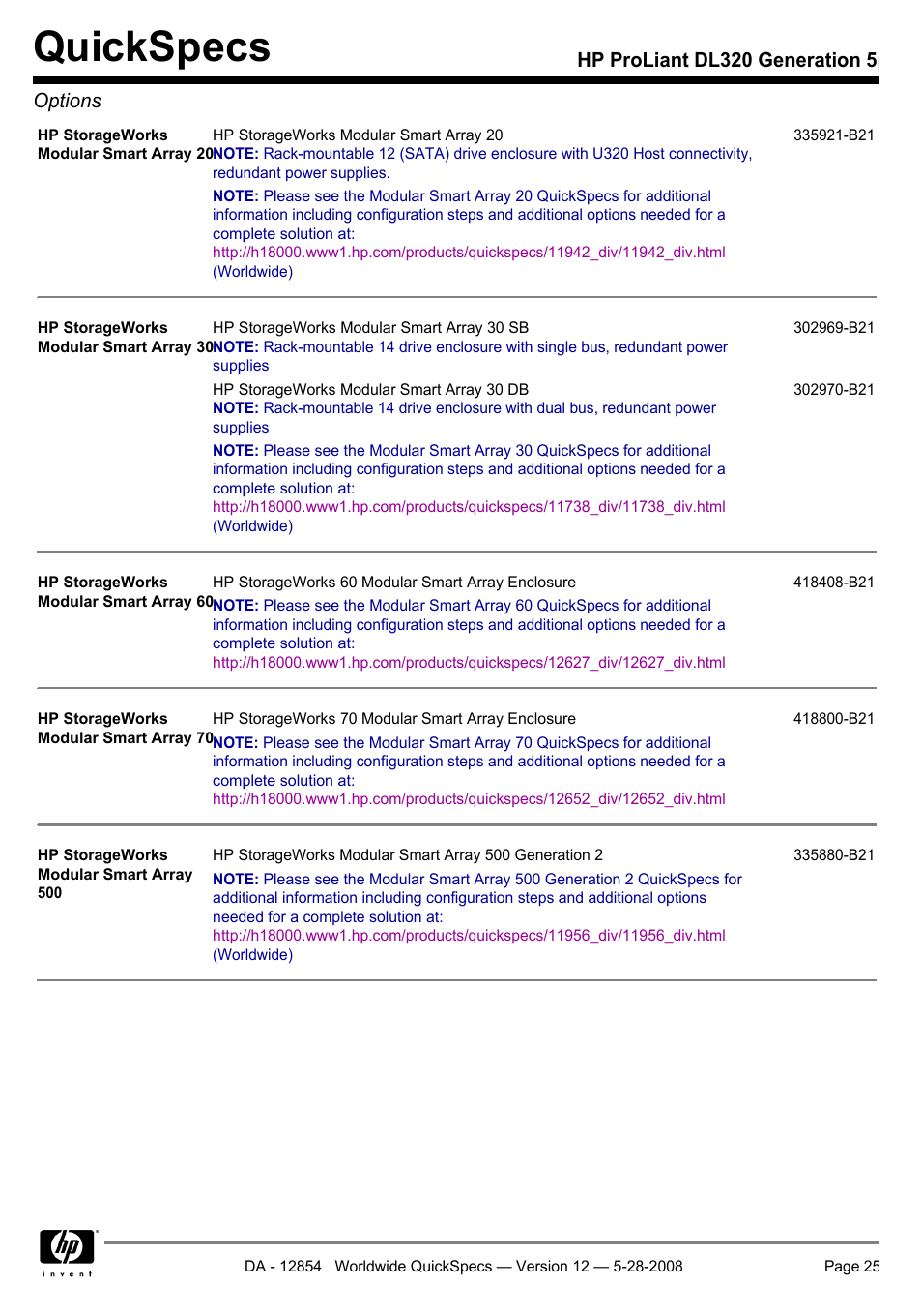 Quickspecs, Hp proliant dl320 generation 5p options | HP ProLiant PC2-6400 User Manual | Page 25 / 38