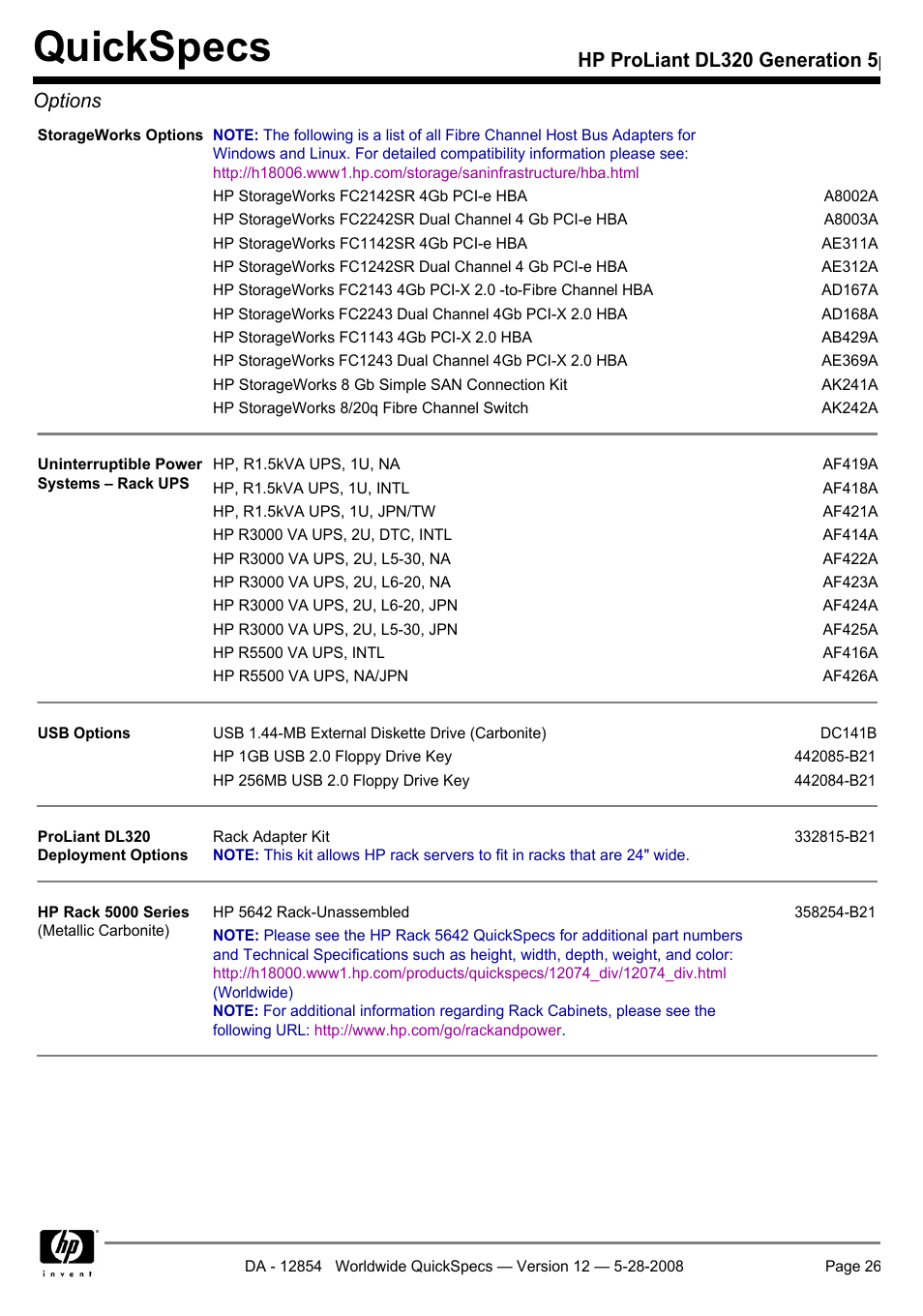 Quickspecs, Hp proliant dl320 generation 5p options | HP ProLiant PC2-6400 User Manual | Page 26 / 38