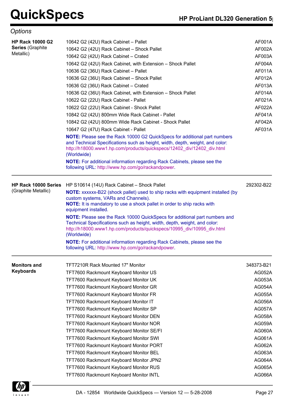 Quickspecs, Hp proliant dl320 generation 5p options | HP ProLiant PC2-6400 User Manual | Page 27 / 38