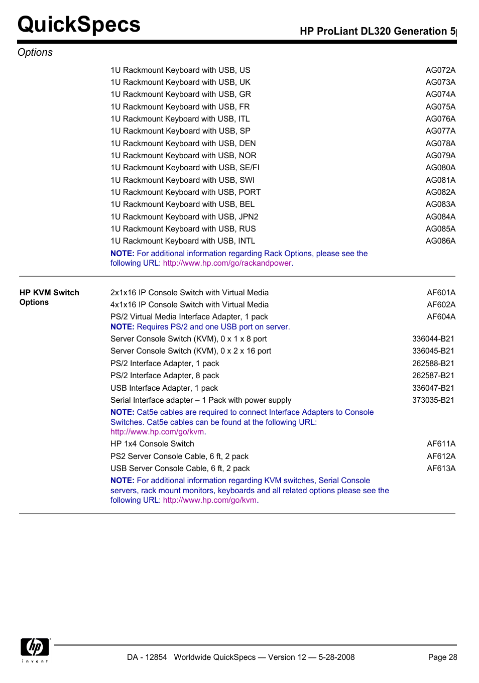 Quickspecs, Hp proliant dl320 generation 5p options | HP ProLiant PC2-6400 User Manual | Page 28 / 38