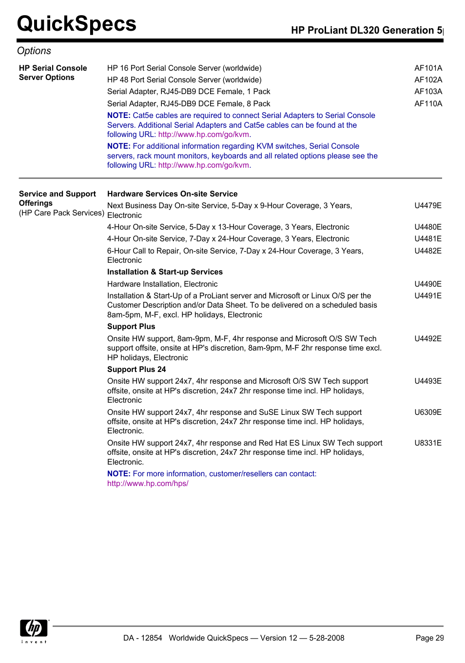 Quickspecs, Hp proliant dl320 generation 5p options | HP ProLiant PC2-6400 User Manual | Page 29 / 38