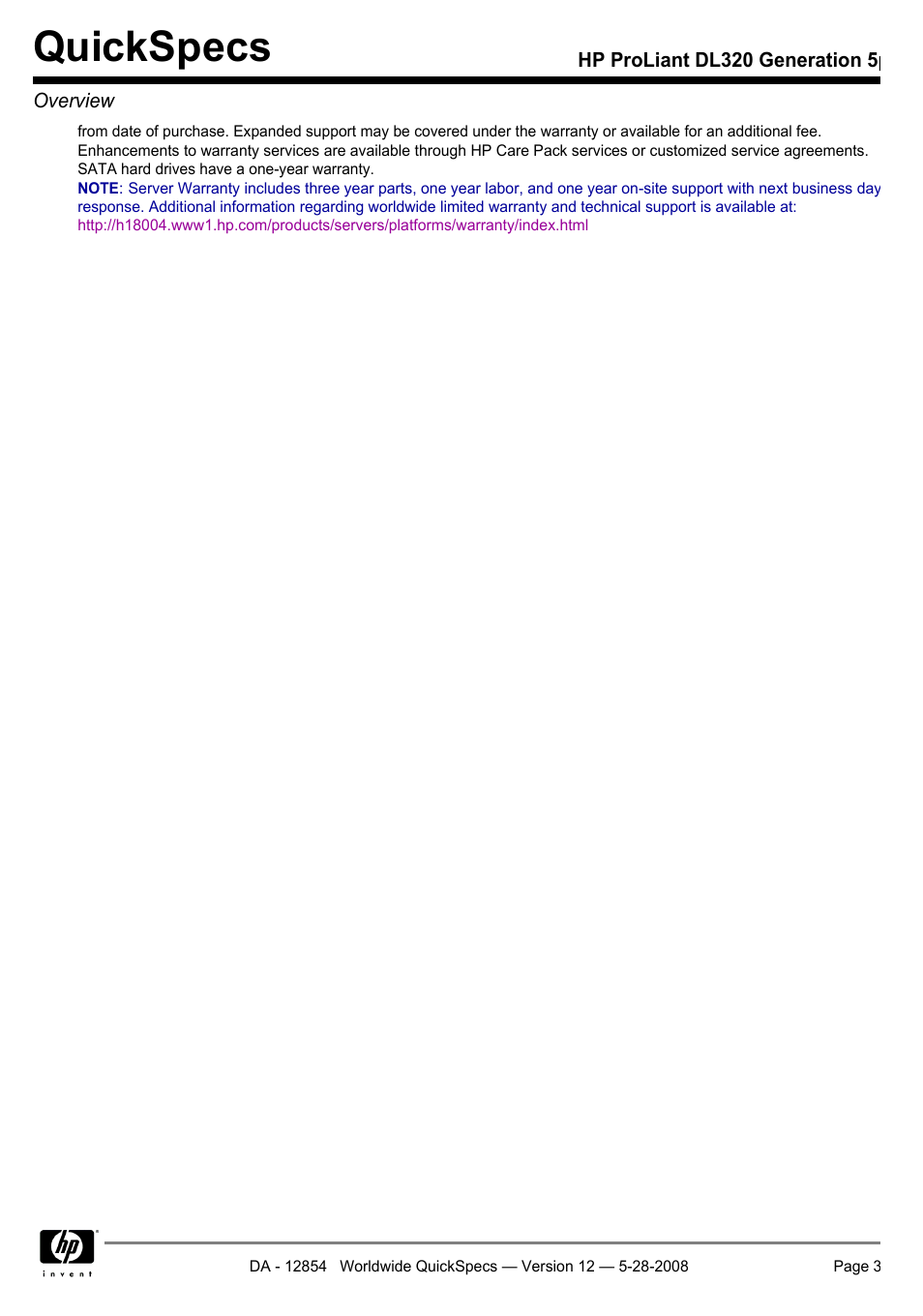 Quickspecs | HP ProLiant PC2-6400 User Manual | Page 3 / 38