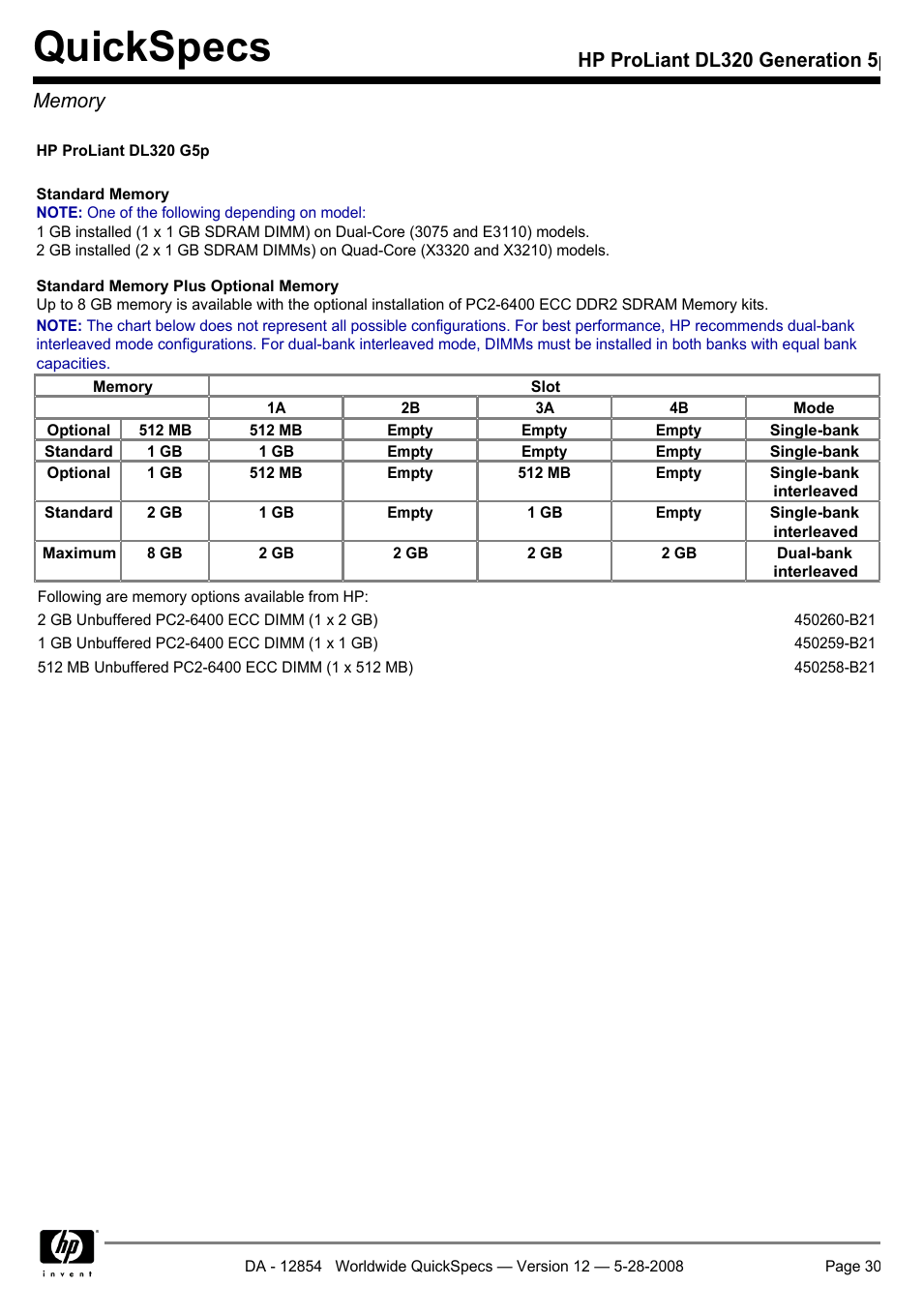 Memory, Quickspecs | HP ProLiant PC2-6400 User Manual | Page 30 / 38