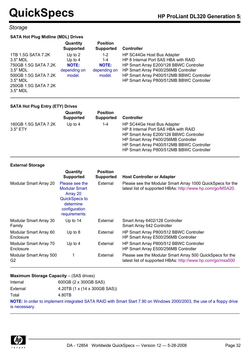 Quickspecs, Hp proliant dl320 generation 5p storage | HP ProLiant PC2-6400 User Manual | Page 32 / 38