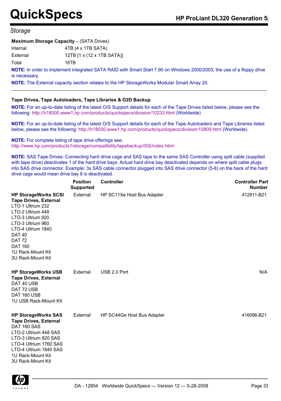 Quickspecs, Hp proliant dl320 generation 5p storage | HP ProLiant PC2-6400 User Manual | Page 33 / 38