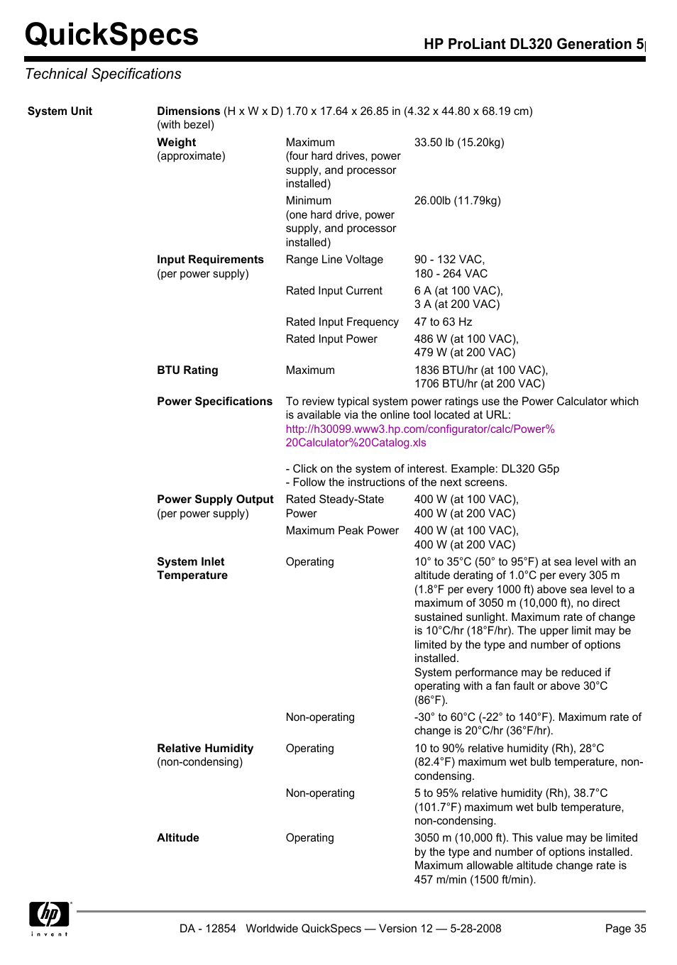 Technicalspecifications, Quickspecs | HP ProLiant PC2-6400 User Manual | Page 35 / 38
