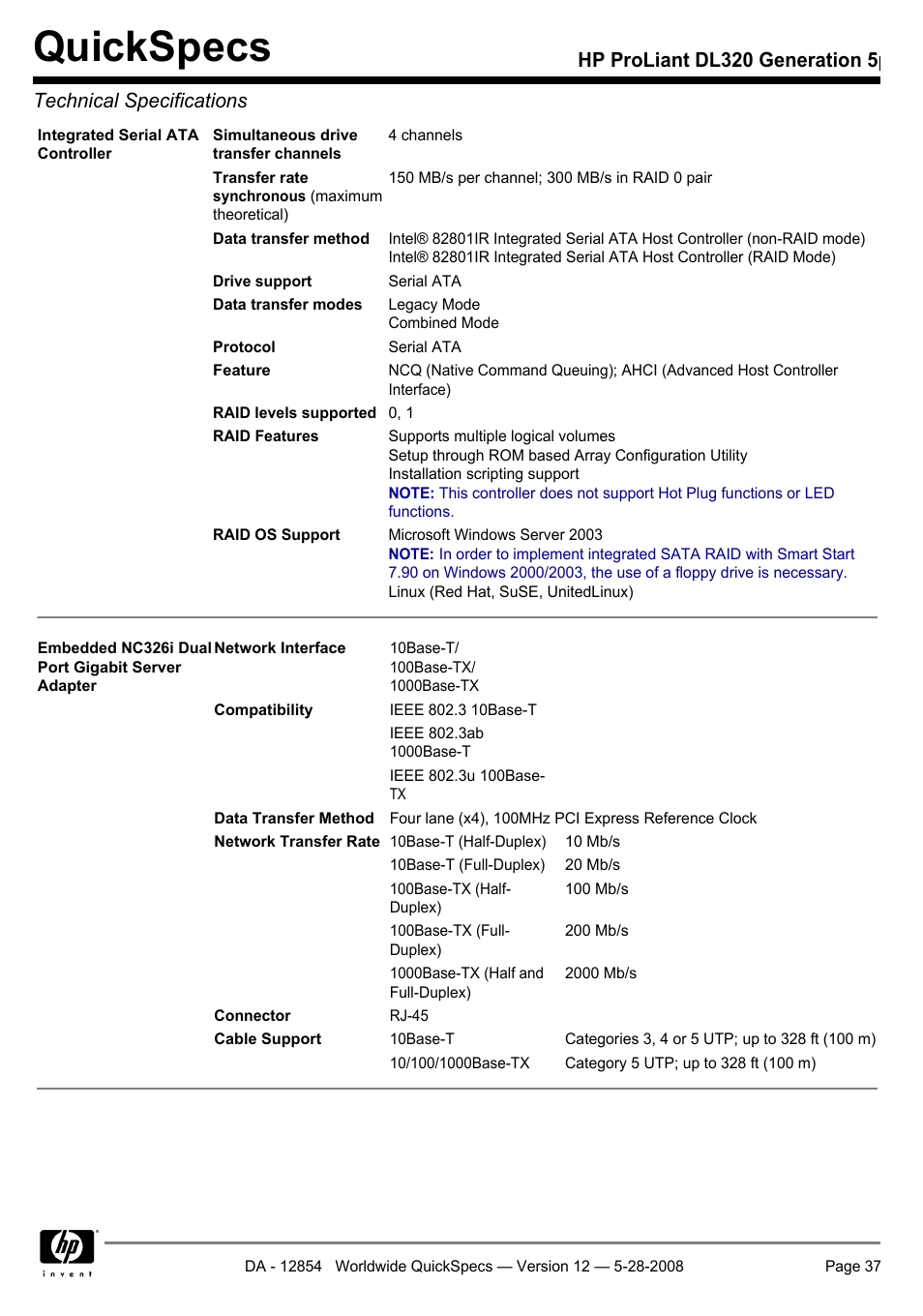 Quickspecs | HP ProLiant PC2-6400 User Manual | Page 37 / 38