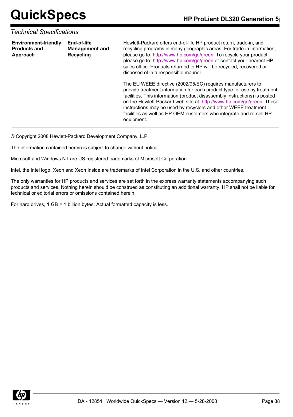 Quickspecs | HP ProLiant PC2-6400 User Manual | Page 38 / 38