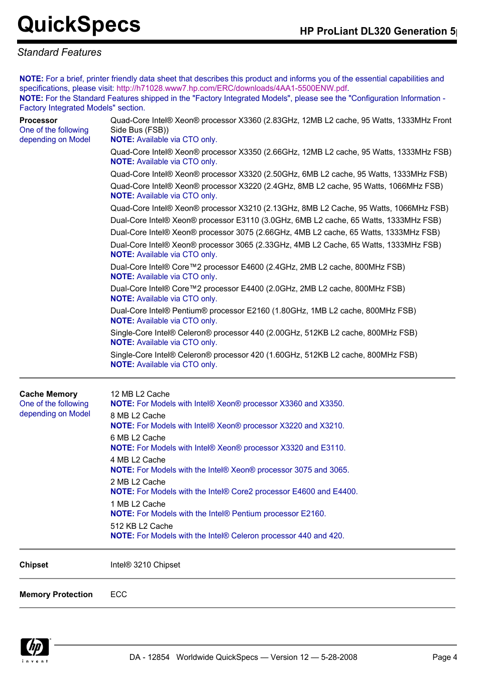 Standard features, Quickspecs, Hp proliant dl320 generation 5p standard features | HP ProLiant PC2-6400 User Manual | Page 4 / 38