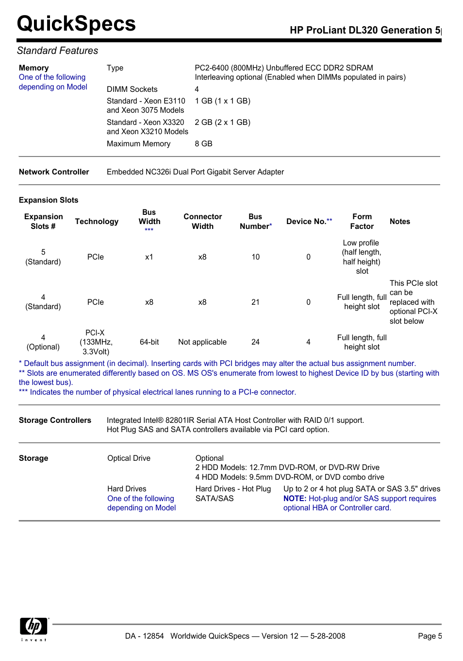 Quickspecs, Hp proliant dl320 generation 5p standard features | HP ProLiant PC2-6400 User Manual | Page 5 / 38