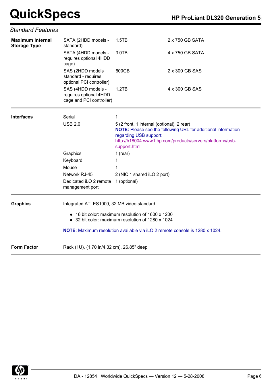 Quickspecs, Hp proliant dl320 generation 5p standard features | HP ProLiant PC2-6400 User Manual | Page 6 / 38