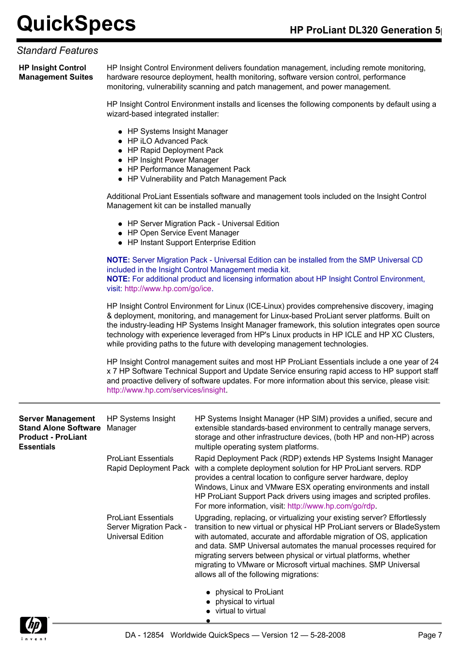 Quickspecs, Hp proliant dl320 generation 5p standard features | HP ProLiant PC2-6400 User Manual | Page 7 / 38