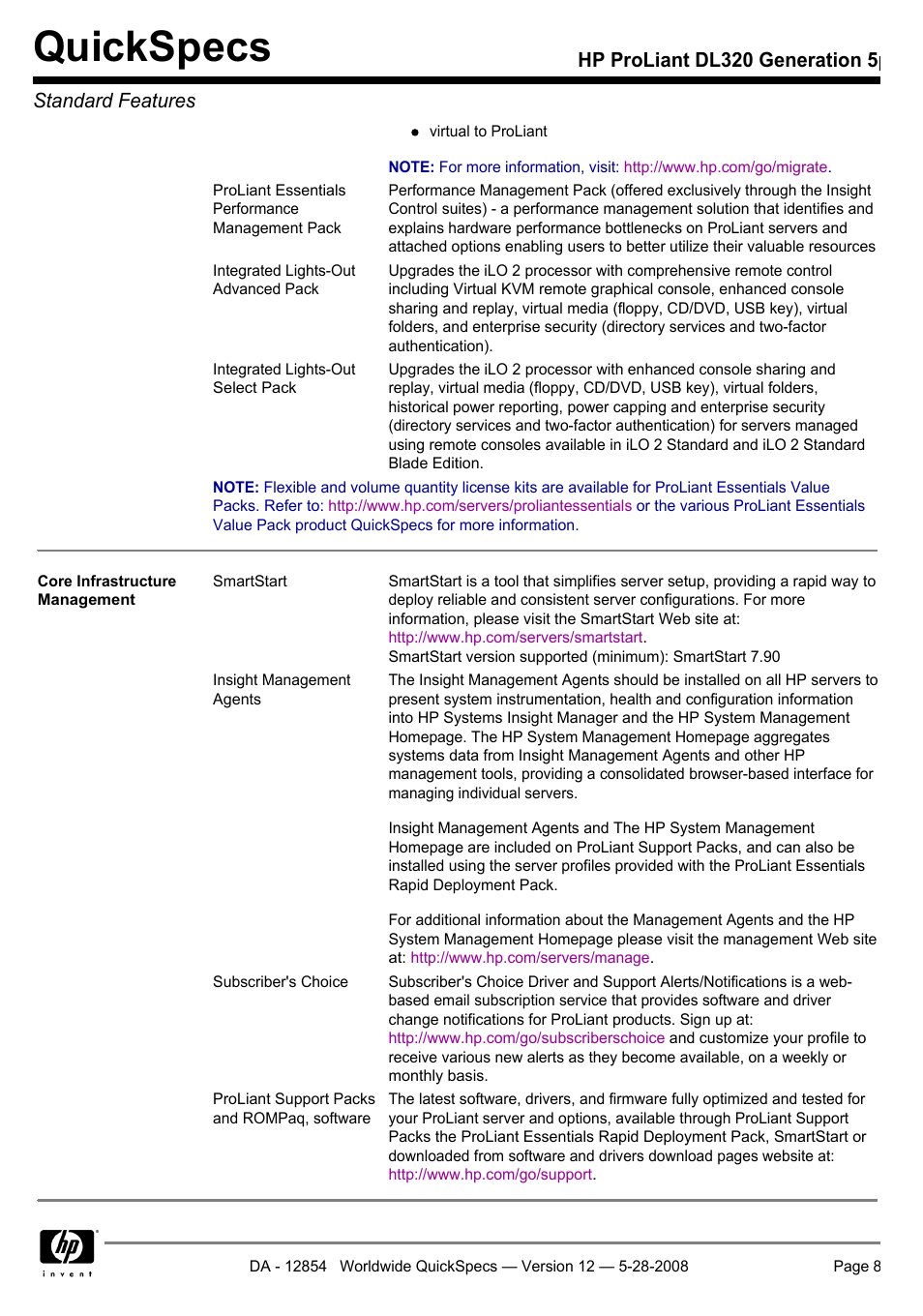 Quickspecs, Hp proliant dl320 generation 5p standard features | HP ProLiant PC2-6400 User Manual | Page 8 / 38
