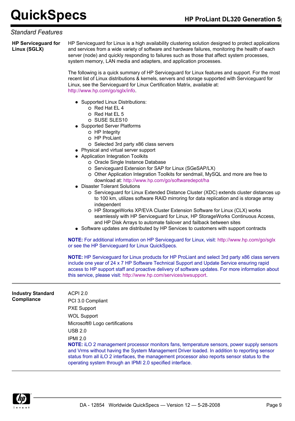 Quickspecs, Hp proliant dl320 generation 5p standard features | HP ProLiant PC2-6400 User Manual | Page 9 / 38