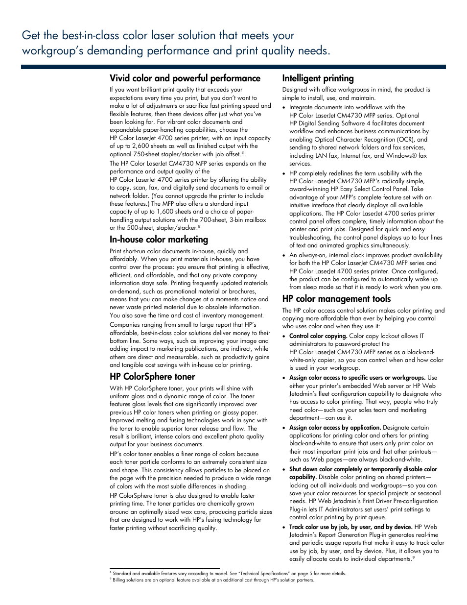 Vivid color and powerful performance, In-house color marketing, Hp colorsphere toner | Intelligent printing, Hp color management tools | HP 3600 Series User Manual | Page 4 / 6