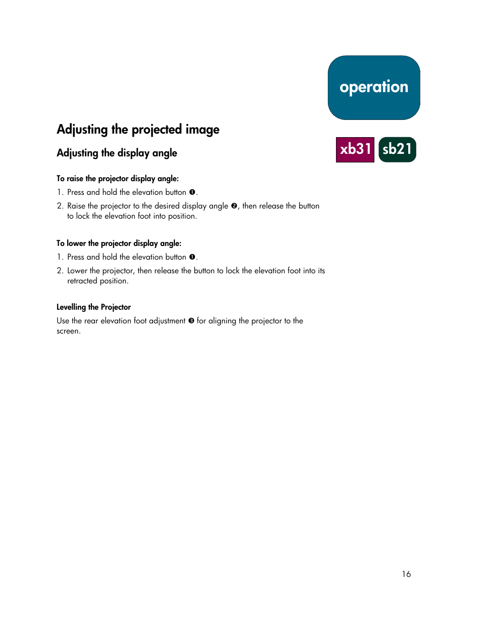 Operation, Xb31 sb21, Adjusting the projected image | HP xb31 User Manual | Page 16 / 42