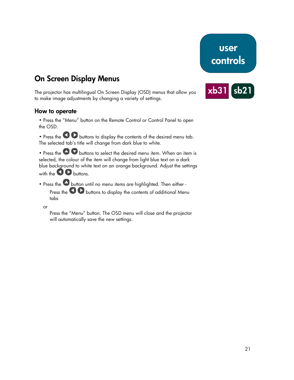 User controls, Xb31 sb21, On screen display menus | HP xb31 User Manual | Page 21 / 42