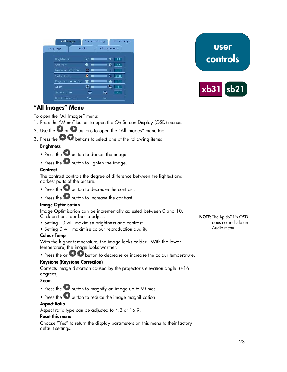 User controls, Xb31, Sb21 | HP xb31 User Manual | Page 23 / 42