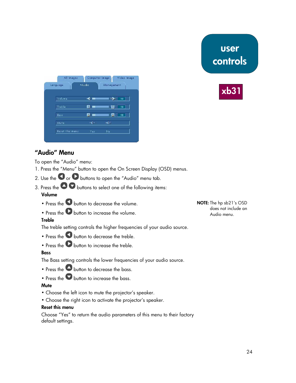 User controls, Xb31 | HP xb31 User Manual | Page 24 / 42