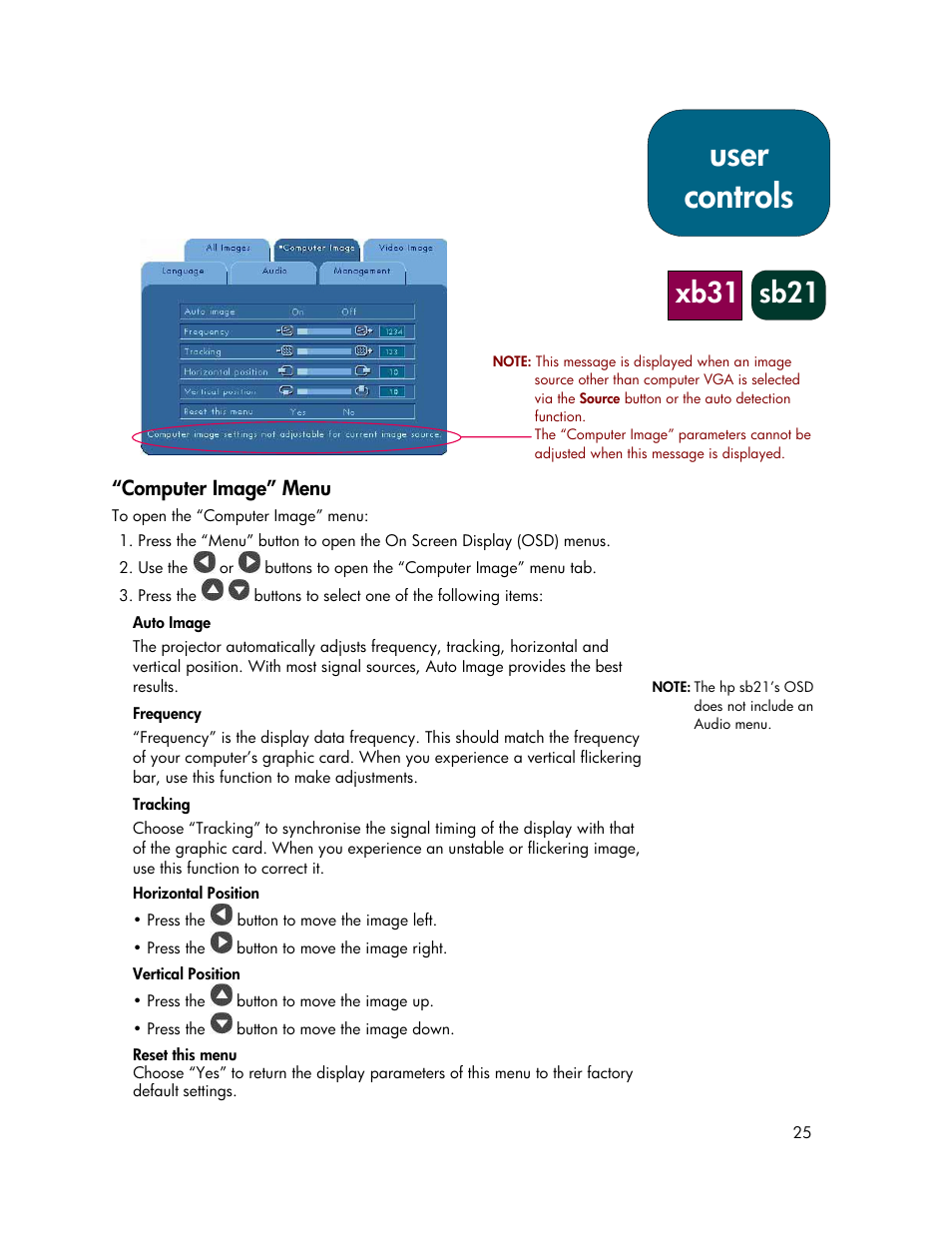 User controls, Xb31 sb21 | HP xb31 User Manual | Page 25 / 42