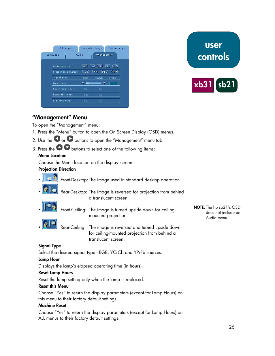 User controls, Xb31 sb21 | HP xb31 User Manual | Page 26 / 42