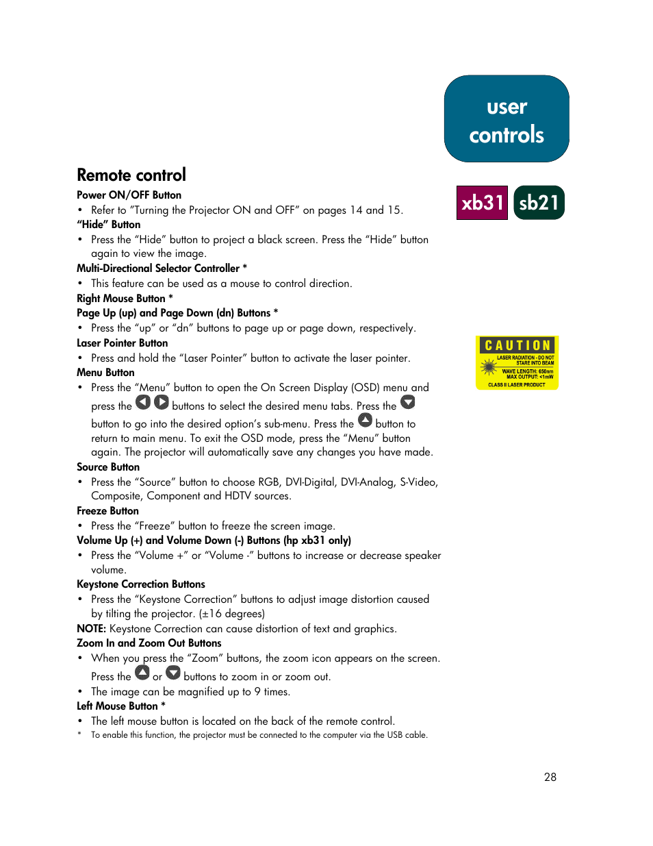 User controls, Xb31 sb21, Remote control | HP xb31 User Manual | Page 28 / 42