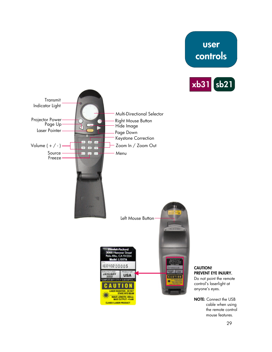 User controls, Xb31 sb21 | HP xb31 User Manual | Page 29 / 42