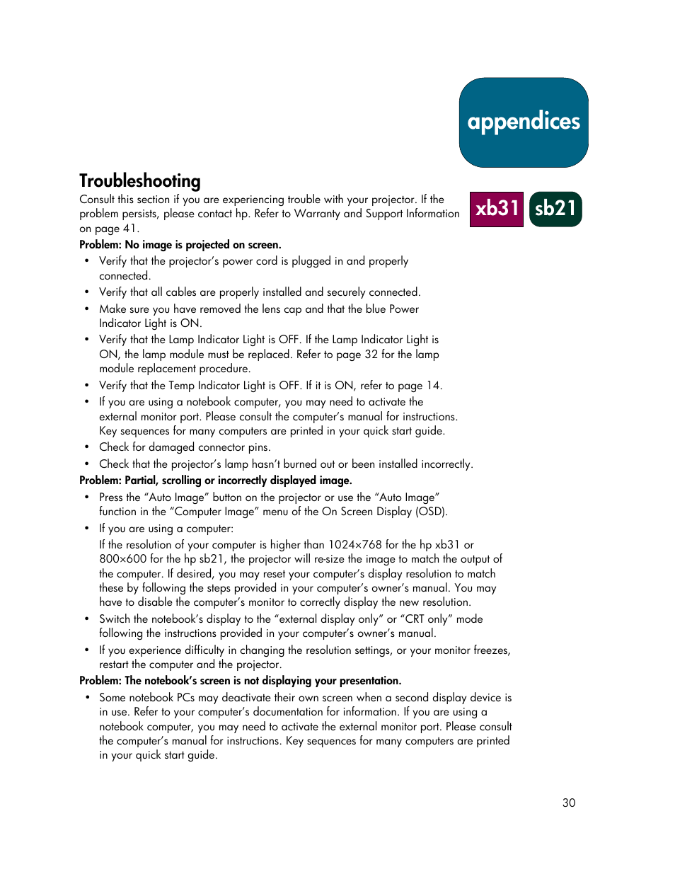 Appendices, Xb31 sb21, Troubleshooting | HP xb31 User Manual | Page 30 / 42