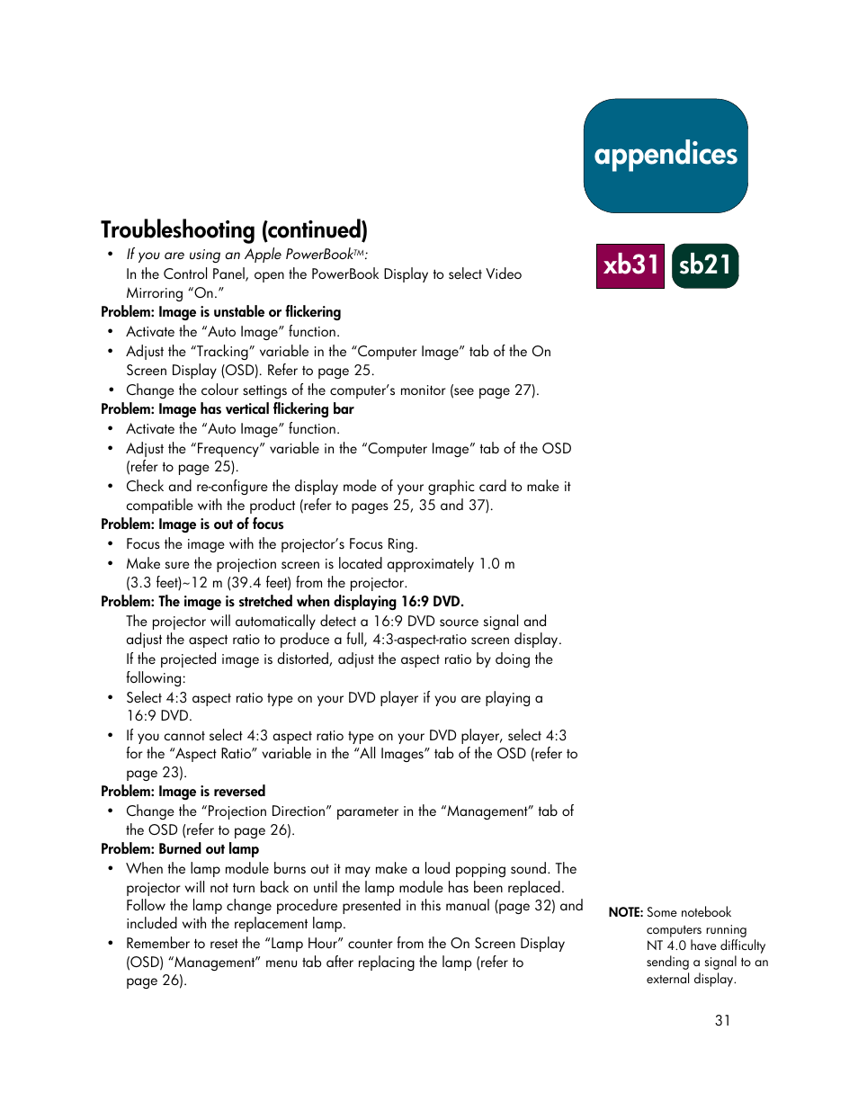 Appendices, Xb31 sb21, Troubleshooting (continued) | HP xb31 User Manual | Page 31 / 42