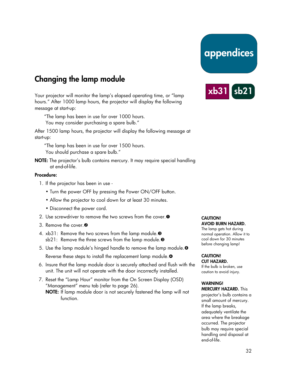 Appendices, Xb31 sb21, Changing the lamp module | HP xb31 User Manual | Page 32 / 42