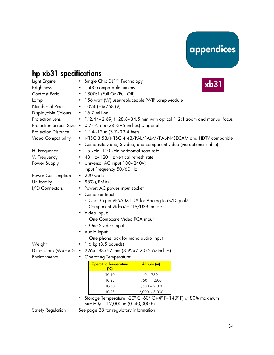 Appendices, Xb31, Hp xb31 specifications | HP xb31 User Manual | Page 34 / 42