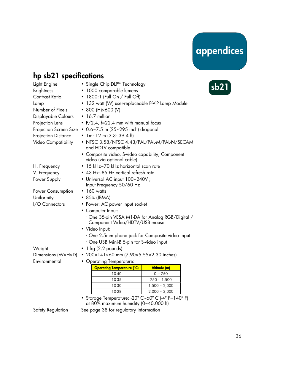 Appendices, Sb21, Hp sb21 specifications | HP xb31 User Manual | Page 36 / 42