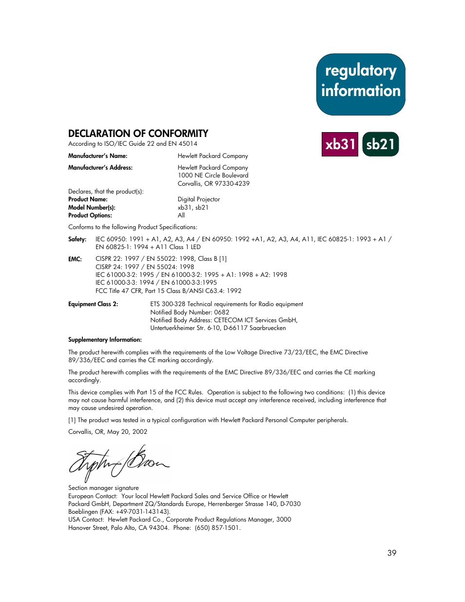 Regulatory information, Xb31 sb21, Declaration of conformity | HP xb31 User Manual | Page 39 / 42