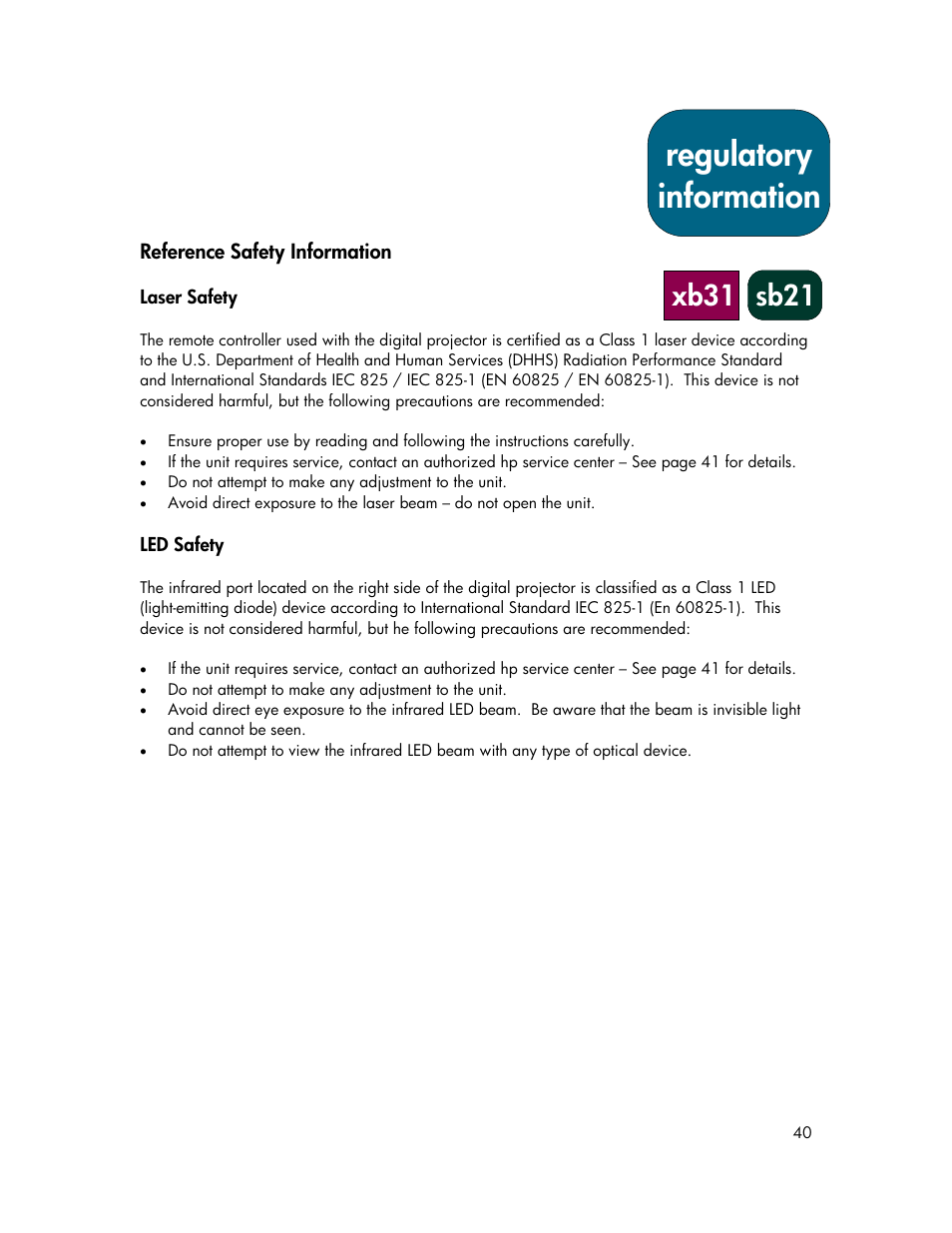 Regulatory information, Xb31 sb21 | HP xb31 User Manual | Page 40 / 42