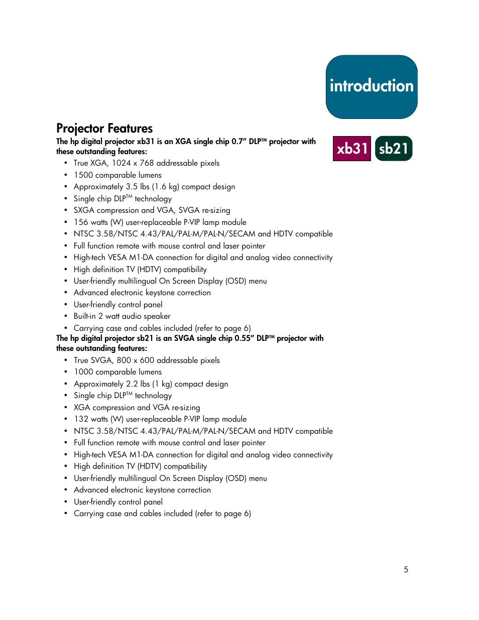 Introduction, Xb31 sb21, Projector features | HP xb31 User Manual | Page 5 / 42