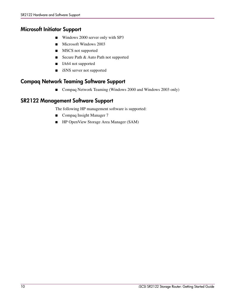 Microsoft initiator support, Compaq network teaming software support, Sr2122 management software support | HP ISCSI SR2122 User Manual | Page 10 / 66